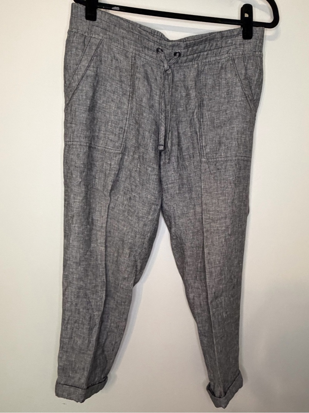 Athleta Women’s Size 10 Gray 100% Linen Drawstring Ankle Pants Pockets